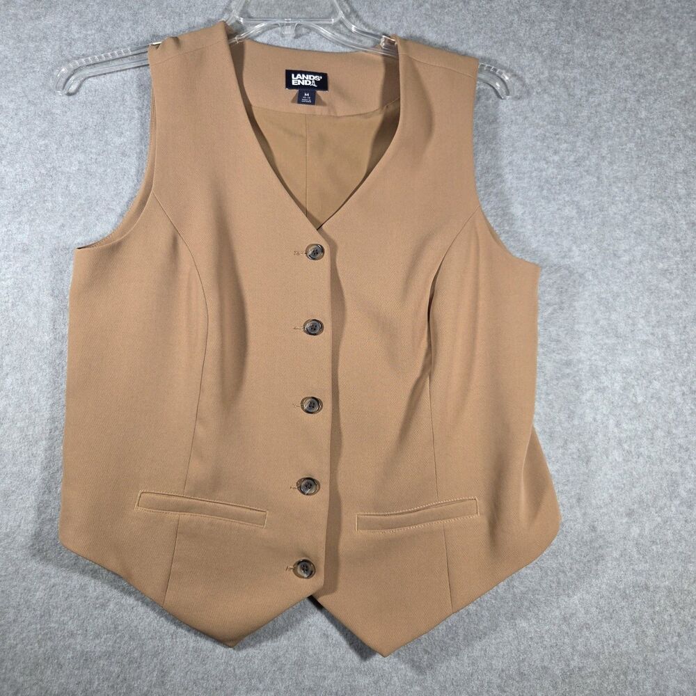 Lands End Womens Tailored Suiting Vest Size M 10-12 Camel Tan Brown Button Up
